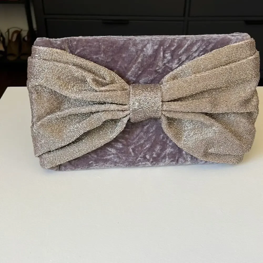Rachel Parcell Velvet Beaded Mauve Glitter Bow Clutch Evening Bag